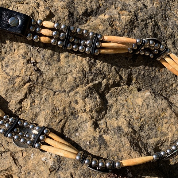 Vintage black leather and bone bead concho belt sz 30 main image 6
